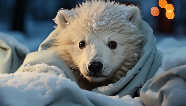 Free Photo cute samoyed puppy playing in snowy winter forest generated by ai