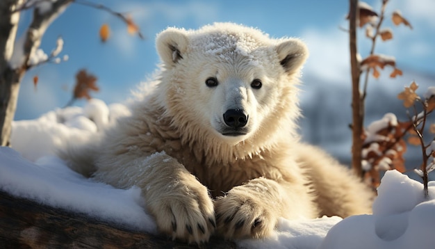 A cute Samoyed puppy sitting in the snowy forest generated by artificial intelligence