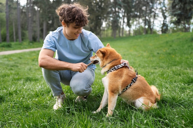 Cute shiba inu pet with family