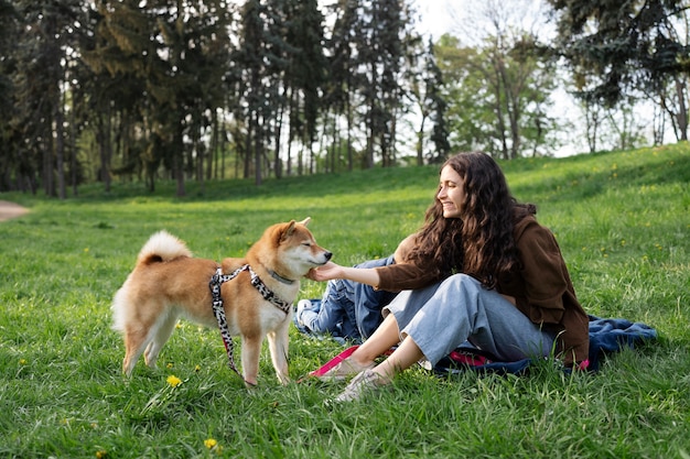 Cute shiba inu pet with family