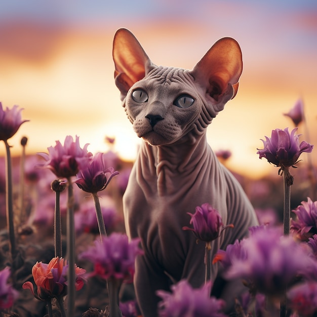 Free photo cute sphynx cat with flowers outdoors