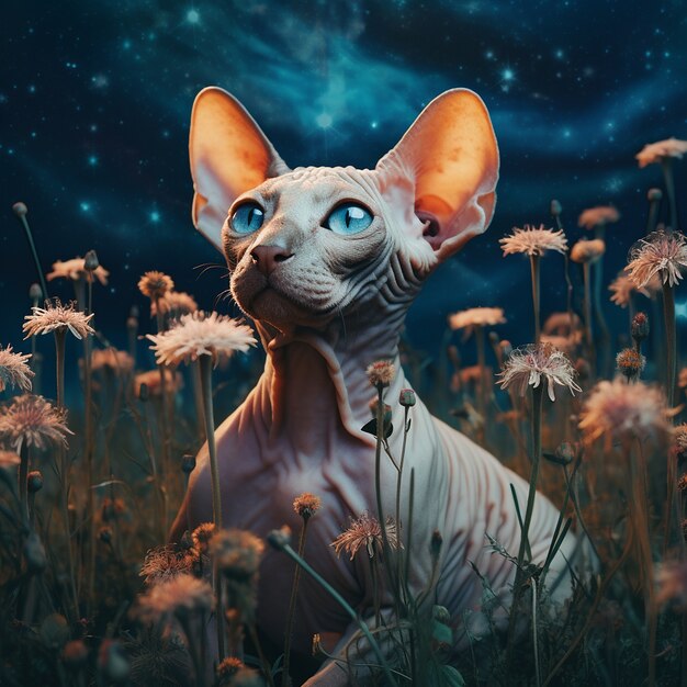 Cute sphynx cat with flowers outdoors