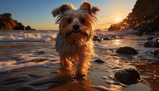 Free Photo cute terrier puppy enjoys summer sunset on sandy beach generated by artificial intelligence