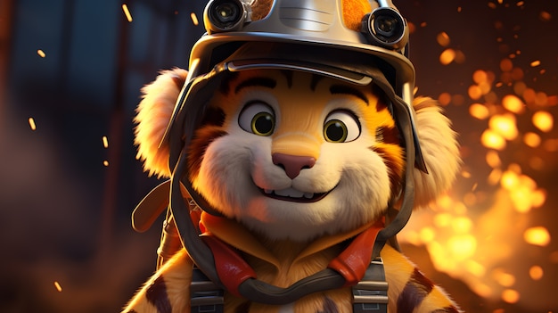 Cute tiger wearing firefighter outfit