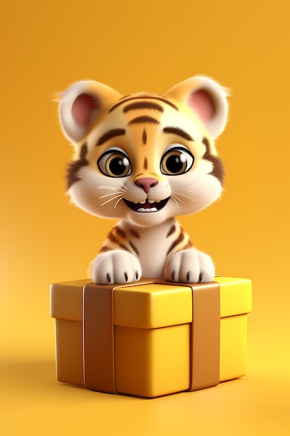 Free photo cute tiger with gift in studio