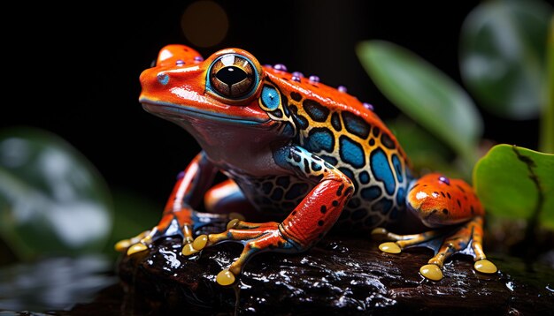 Cute toad sitting on a leaf looking at tropical forest generated by artificial intelligence