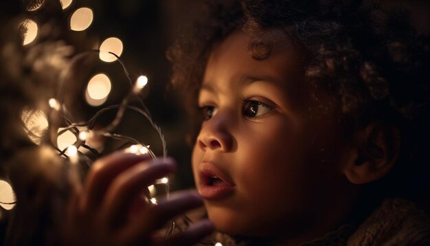 Cute toddler holding gift smiling at Christmas tree generated by AI