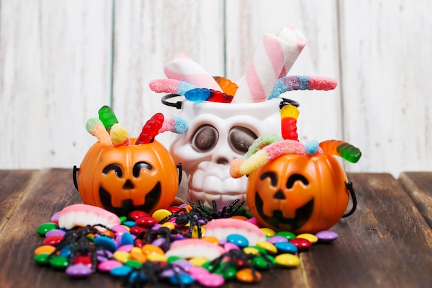 Free photo cute trick or treat baskets with candies