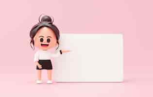 Free photo cute woman showing hands gesture empty white banner business woman concept on pink background 3d rendering