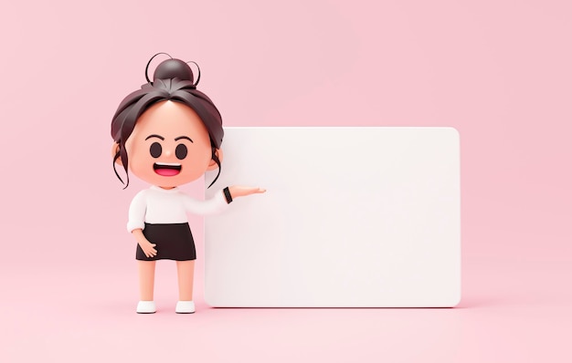 Free Photo cute woman showing hands gesture empty white banner business woman concept on pink background 3d rendering