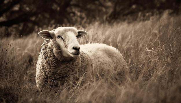 Cute woolly lambs graze freely on green pastures generated by AI