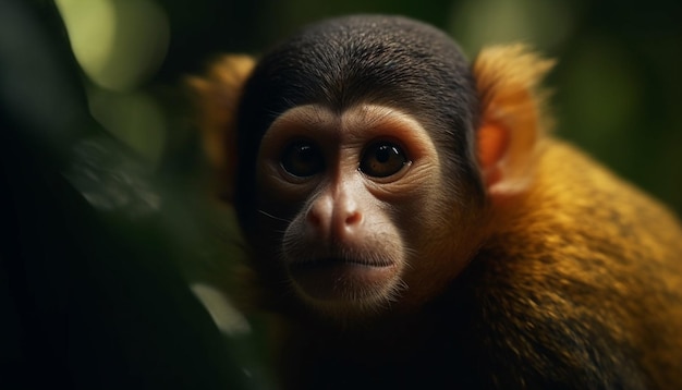 Cute young macaque staring with selective focus generated by AI