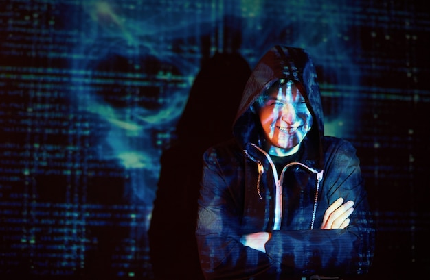 Free Photo cyber attack with unrecognizable hooded hacker using virtual reality, digital glitch effect