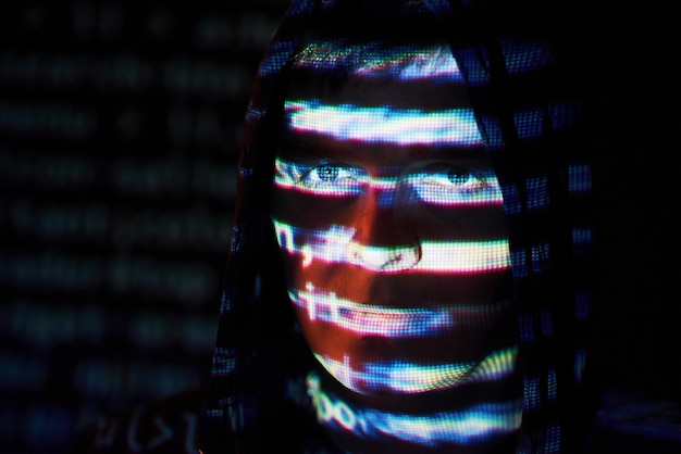 Free Photo cyber attack with unrecognizable hooded hacker using virtual reality, digital glitch effect