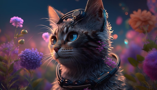 A Cyber Cat with Giant Electro Flowers at Sunrise Generative AI