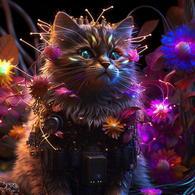 A Cyber Cat with Giant Electro Flowers at Sunrise Generative AI