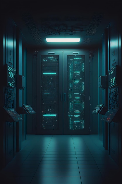 Free photo cyber data server racks room with big data computer center blue interior hosting storage hardware