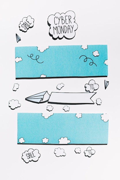 Cyber Monday offer on paper cloud with planes and blue sky