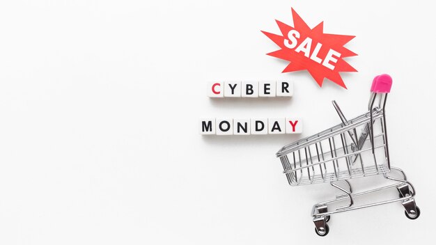 Cyber monday sale and shopping tray copy space