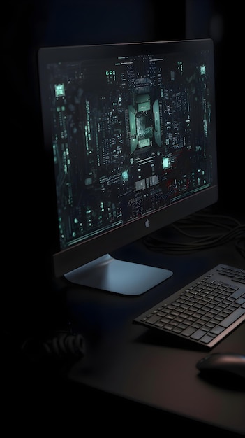 Free photo cyber security concept computer monitor mouse and keyboard on dark background