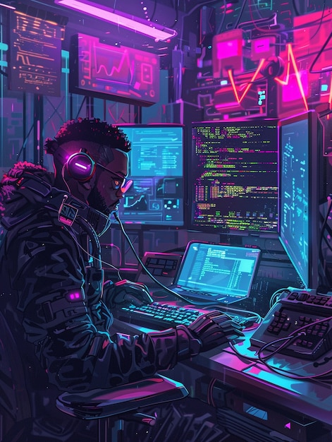 Cyber security expert working with technology in neon lights