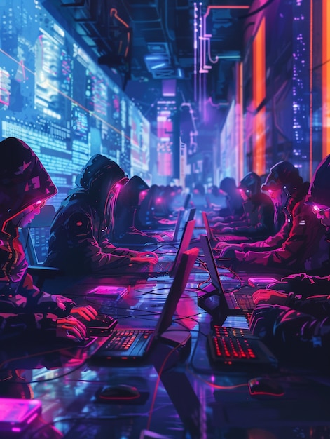 Free Photo cyber security expert working with technology in neon lights