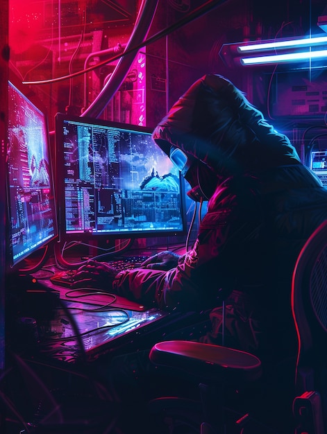 Cyber security expert working with technology in neon lights