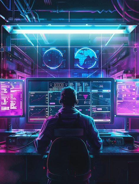 Free Photo cyber security expert working with technology in neon lights