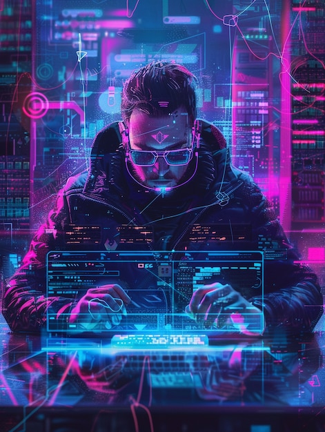 Free Photo cyber security expert working with technology in neon lights