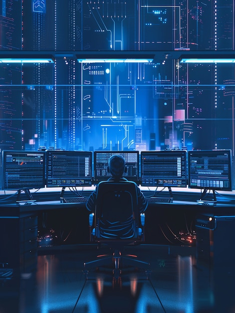 Free photo cyber security expert working with technology in neon lights