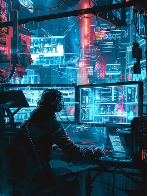 Cyber security expert working with technology in neon lights