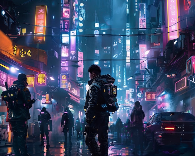 Free photo cyberpunk city street at night with neon lights and futuristic aesthetic