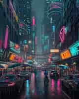 Free photo cyberpunk city street at night with neon lights and futuristic aesthetic