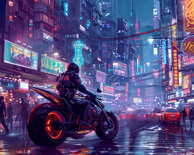 Cyberpunk city street at night with neon lights and futuristic aesthetic