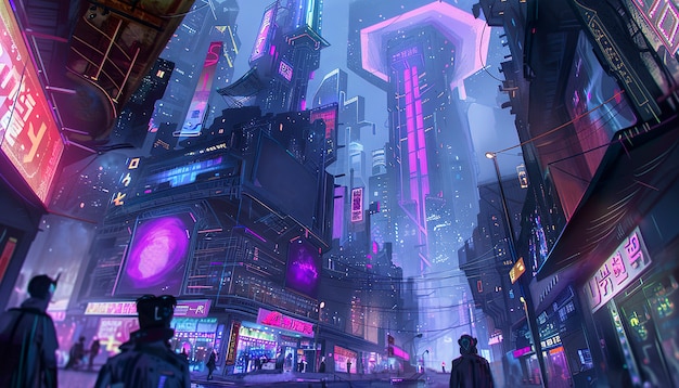 Cyberpunk city street at night with neon lights and futuristic aesthetic