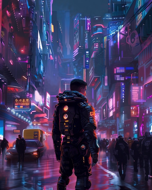 Free photo cyberpunk city street at night with neon lights and futuristic aesthetic