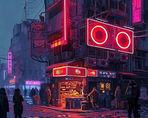 Free photo cyberpunk city street at night with neon lights and futuristic aesthetic