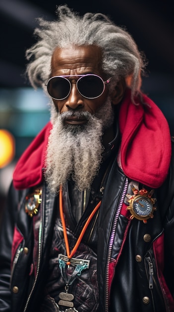 Free photo cyberpunk grandpa warrior portrait