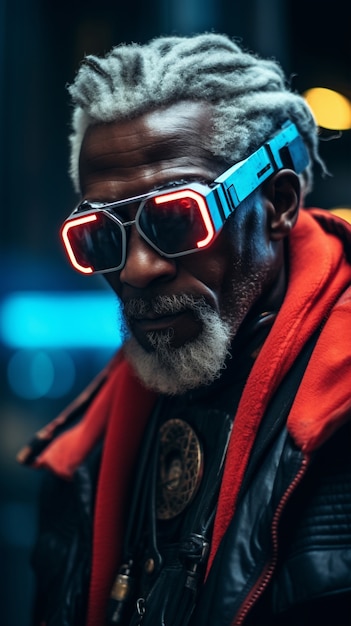 Free photo cyberpunk grandpa warrior portrait