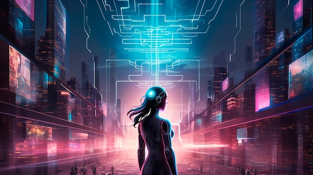 Free photo cyberpunk illustration with futuristic technology and bright neon lights