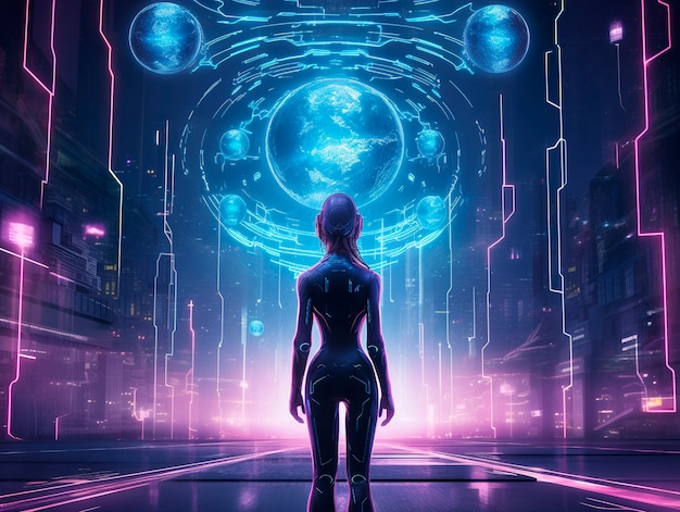 Free photo cyberpunk illustration with neon colors and futuristic technology