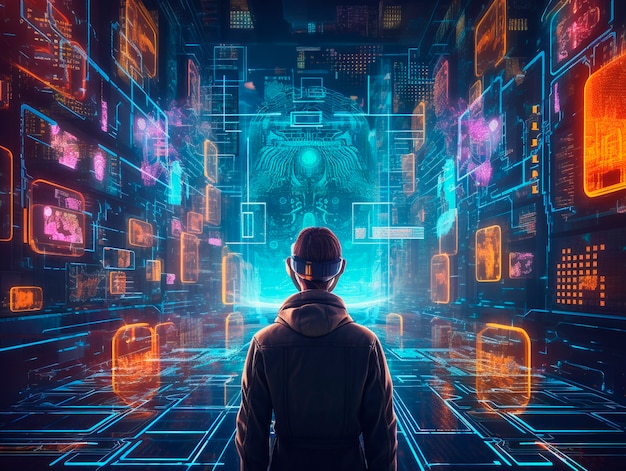 Cyberpunk illustration with neon colors and futuristic technology