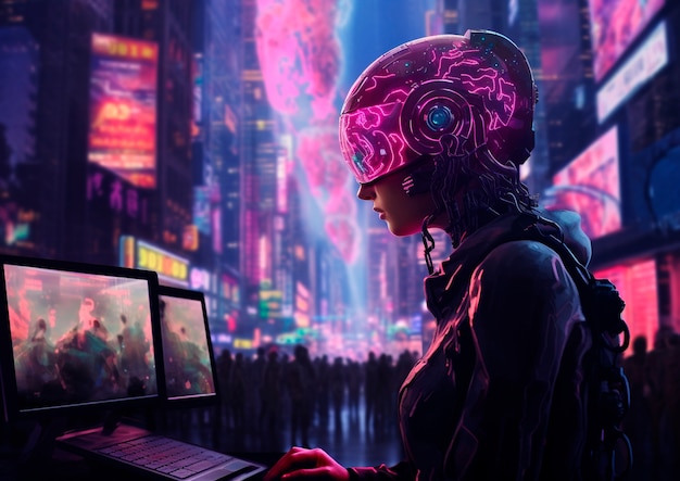 Cyberpunk illustration with neon colors and futuristic technology