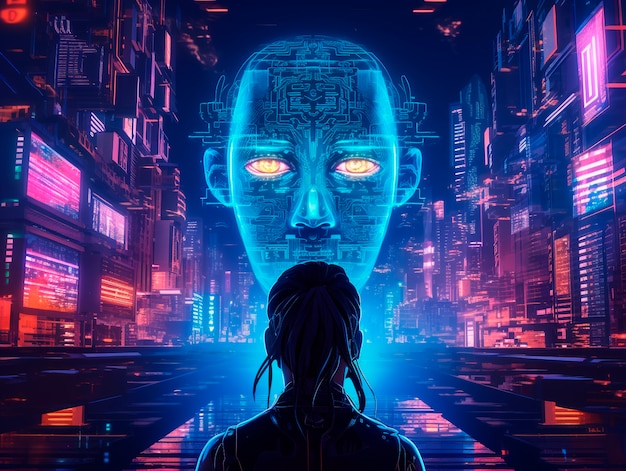 Cyberpunk illustration with neon colors and futuristic technology