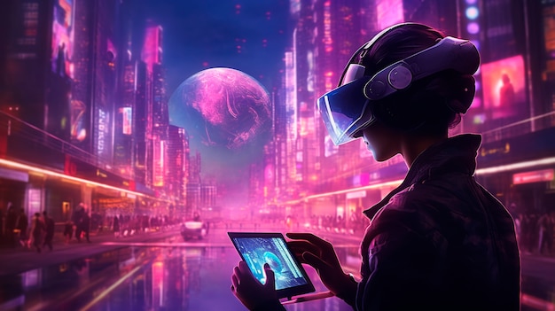 Cyberpunk illustration with neon colors and futuristic technology