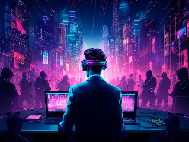 Free photo cyberpunk illustration with neon colors and futuristic technology