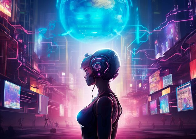 Cyberpunk illustration with neon colors and futuristic technology