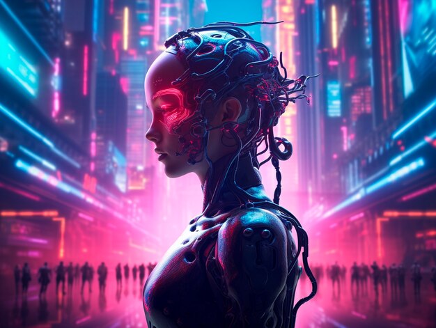 Cyberpunk illustration with neon colors and futuristic technology