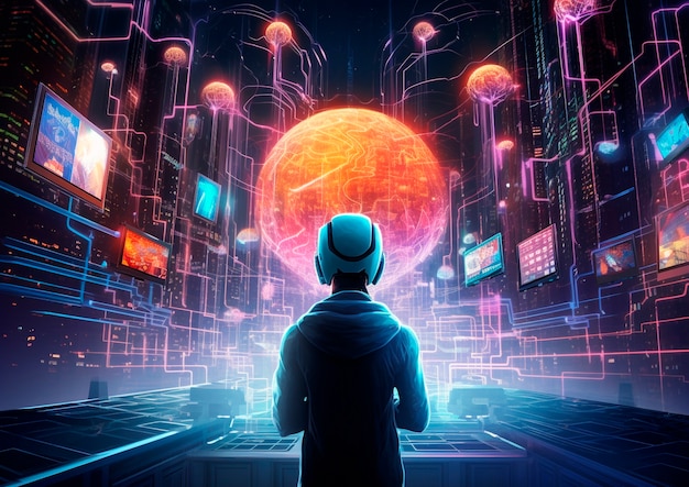 Free photo cyberpunk illustration with neon colors and futuristic technology