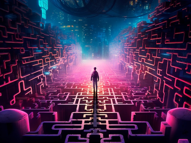 Cyberpunk illustration with neon colors and futuristic technology